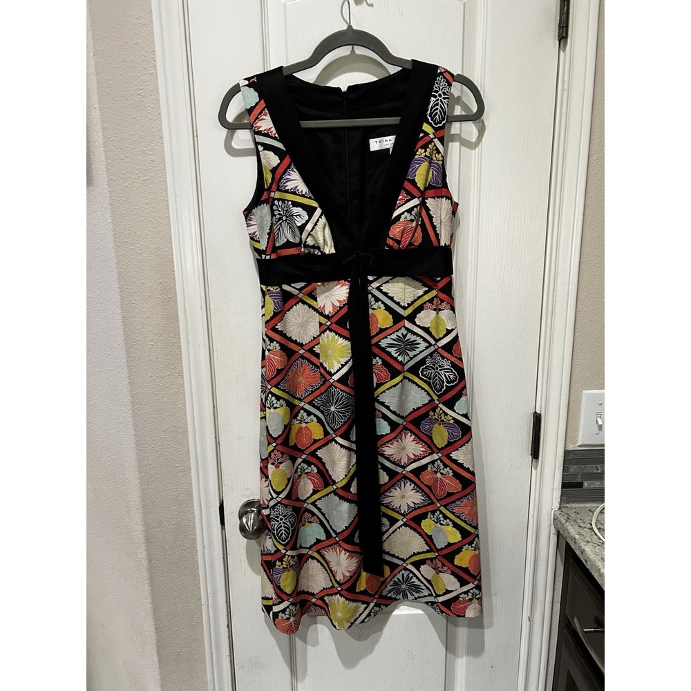 Trina Turk summer floral Retro sleeveless v-neck dress Sz 4 Ribbon Detail